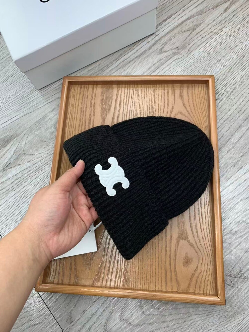Celine Triomphe Ribbed Knit Beanie in Black - Picture 4 of 7